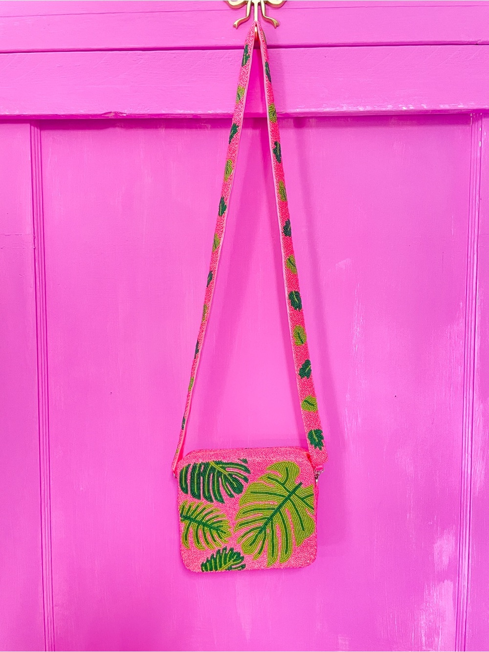Beaded Tropical Leaf Crossbody Bag - Pink & Green - Picture 2 of 3
